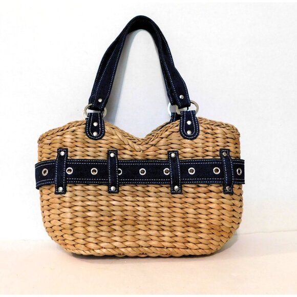 Randolph Duke The Look Straw Shoulder Bag Denim Belt Accents Blue Tan Purse - Picture 5 of 8